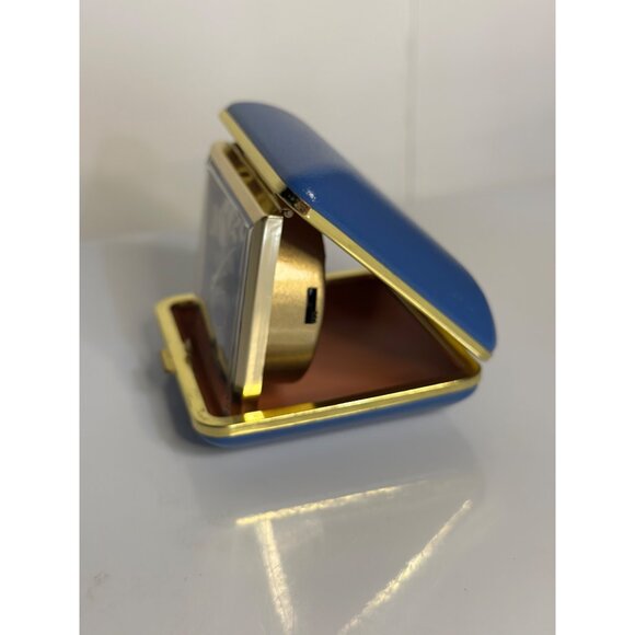 VTG 1970s Elgin Blue Square Travel Alarm Clock Folding Case Gold 3" NOT WORKING - Picture 3 of 8